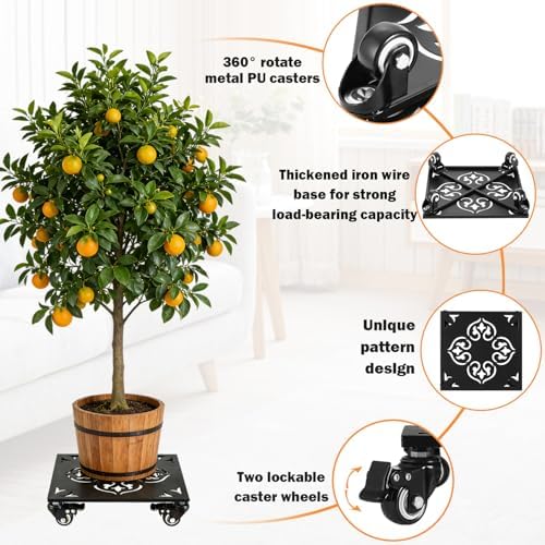2-Pack 12 Inch Large Square Metal Plant Caddy with Wheels Heavy-duty Rolling Plant Stands with Casters Wheeled Flower Pot Mover Rollers Rust-proof Iron Planter Dolly Coasters Indoor Outdoor Use - Image 2