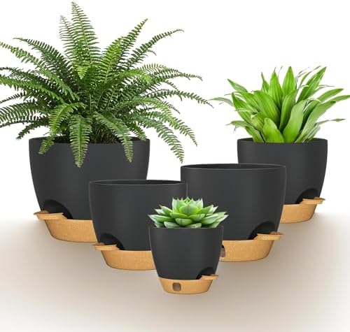 12/10/9/8/6 Inch Self Watering Pots for Indoor Outdoor Plants, Set of 5 Large Plastic Planters with Visual Water Window, Drainage Holes & Watering Lip, Modern Decorative Flower Pots (Black) by FIASON