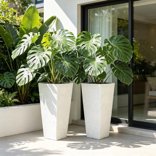 Autodaya 28" Plant Pots Tall Planters for Outdoor Plants Set of 2 with Tray - Image 4