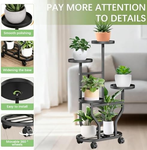 5 Tier Plant Stand, Metal Plant Shelf Indoor Outdoor,Tall Corner Multiple Plants Shelf for Garden Balcony Patio Living Room, Tiered Corner Rack Flower Stands with Wheels - Image 3