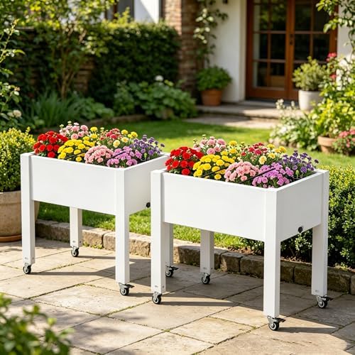 2 Pack Raised Garden Bed with Wheels, Resin Raised Planter Box Outdoor with Drainage System, Large Herb Garden Planter Set for Backyard Patio Balcony, Ashen (17.7" D x 30" W x 26.3" H Each) - Image 2