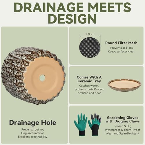 10 Inch Ceramic Planter Pot with Saucer Drainage Leak-Proof Mesh,Flower Pots for Indoor Plants with Gardening Gloves,Ceramic Planter(Spotted-White) - Image 4