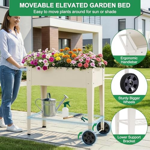 Elevated 32" Tall Raised Garden Bed with Legs and Wheels for Mobility, Metal Planter Boxes Outdoor with Shelf, Raised Bed for Gardening Vegetables/Herbs, Backyard, Patio, Balcony, White - Image 3