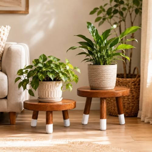 2 Pack 9" Teak Wood Plant Stands for Indoor Plants, Mid-Century - Image 6