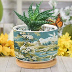 Garden Planters Ceramic Green Chinoiserie Floral Bird Round Plant Pots with Drainage Holes and Bamboo Tray Pot for Indoor Outdoor Garden - Image 6