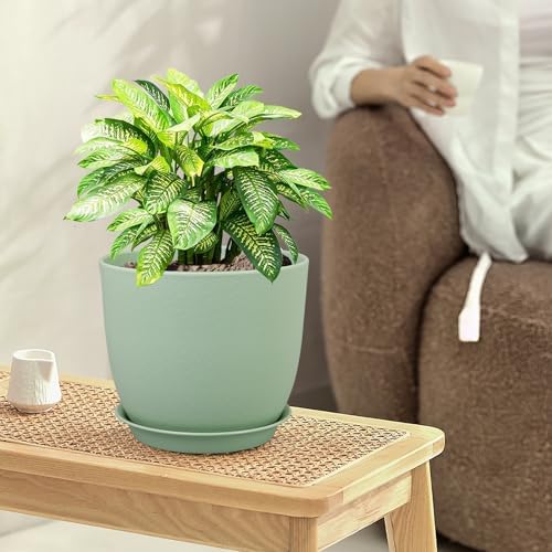 WSMKSZ Large Plant Pots 12/10/9 inch, Set of 3 Modern Decorative Plastic Planters with Drainage Holes and Saucers, Flower Pots for Indoor Outdoor Plants, Green - Image 2