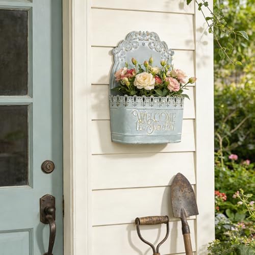 Metal Hanging Planters Wall Mount Planter Wall Vases for Flowers Shabby Chic Decor for Rustic Farmhouse Outdoor Decor Blue - Image 3
