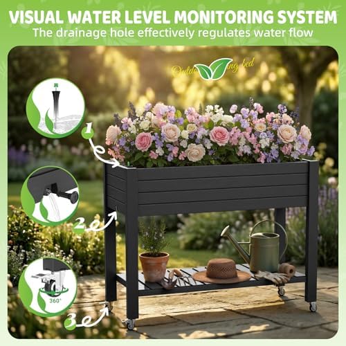 Elevated Raised Garden Bed,Outdoor Large Planter Box with Wheels & Shelf for Backyard Balcony,Dust-Proof Resin Patio Raised Bed for Herbs Flowers Vegetables(Black) - Image 4