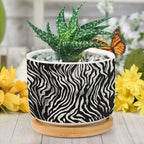 in Beige Planter Ceramic Black White Zebra Print Round Plant Pot with Drainage Holes and Bamboo Tray Pot for Indoor Outdoor Garden - Image 6