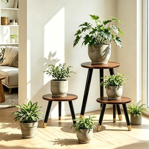 2-Pack Mid Century Plant Stand for Indoor Plants, Modern Wood Flower Pot Holder Stand for Living Room, Decorative Small Round Side Table for Balcony, Patio, Office, 8.9” High, Walnut - Image 6