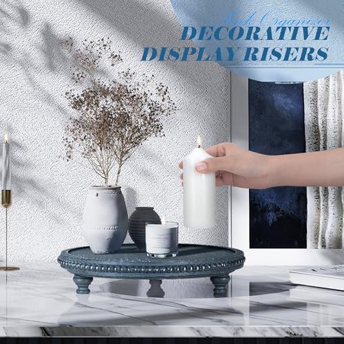 EOSAHR Round Wood Riser for Kitchen Counter, Beaded Decorative Tray, Blue - Image 3