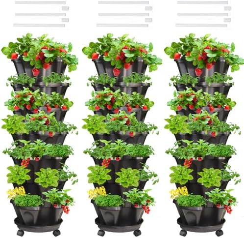 Strawberry Vertical Planters Tower Garden 3 Pack, 7 Tiered Stacking Herb Vegetable Planter with Support Pole Indoor and Outdoor - Black by Tectsia
