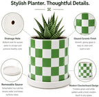 Checkered Ceramic Planter Pot with Drainage Hole and Saucer, Black and White Planters Decor,Indoor Cylinder Round Planter Pot (Green, Medium) - Image 5