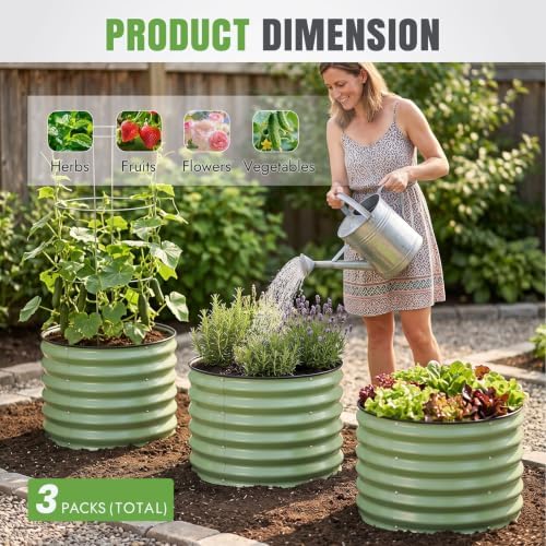 INNO STAGE 3 Pcs Round Galvanized Raised Garden Beds, 2x2x1.4ft Olive Green - Image 2