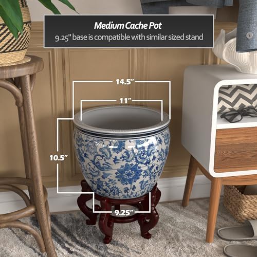 Red Lantern 14" Floral Blue & White Porcelain Fishbowl Planter or Cachepot for Indoor/Outdoor Use in Garden Entryway Living Room Boho Eclectic Modern Contemporary Classic Traditional Style Decor - Image 4