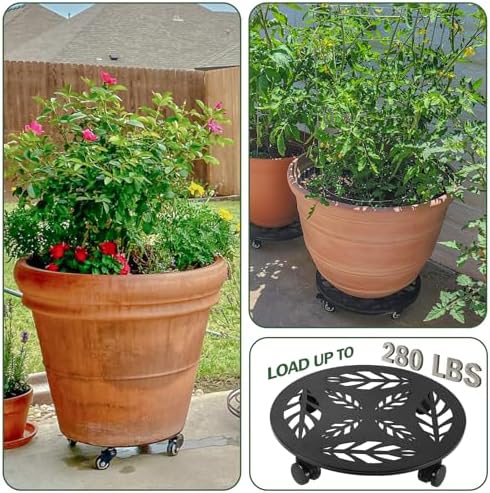 Planterhoma 3 Packs 14 Inch Rolling Plant Stand with Wheels Metal Plant Caddy with Wheels Heavy Duty Plant Rollers with Wheels Round Wrought Iron Plant Stand with Clear Saucers, Matte Black - Image 5