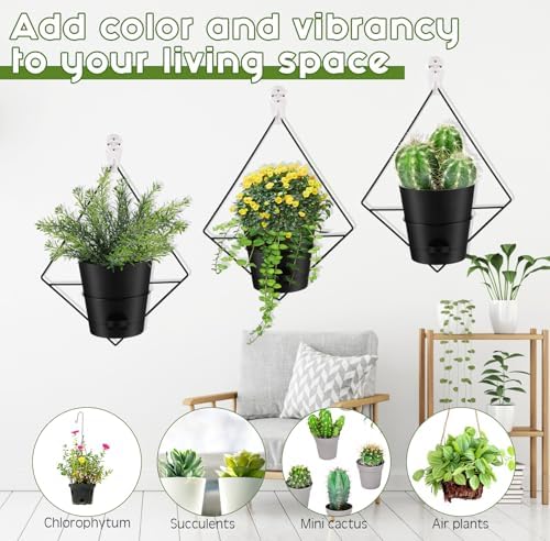 Baderke 6 Sets Wall Planters for Indoor Plants Hanging Wall Planter with Metal Holder Geometric Self Watering Wall Pots Mounted Succulent Pots, 5" Black Plant Container - Image 4