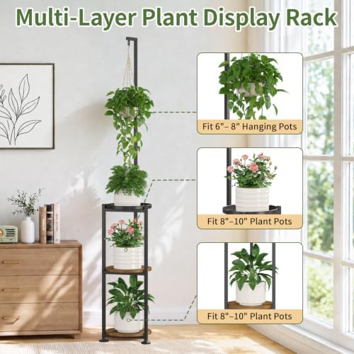 LASZOLA Hanging Plant Stand Shelf Indoor Tall, Corner 3 Tier Black 71 In - Image 3