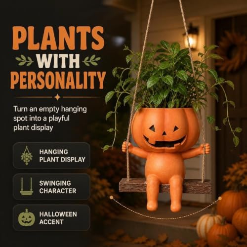 Pumpkin Swing Flower Planter Hanging, Pumpkin Planters Outdoor, Halloween Pumpkin Ceramic Hanging Planter, Unique Sitting Swinging Plants, Entryway Patio Pumpkin Planter Rope Flower，3 - Image 2