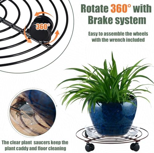 8 Packs Large Metal Plant Caddy with Wheels 13" Rolling Plant Stands Heavy-Duty Wrought Iron Plant Roller Base Pot Movers Plant Saucer on Wheels Black - Image 3