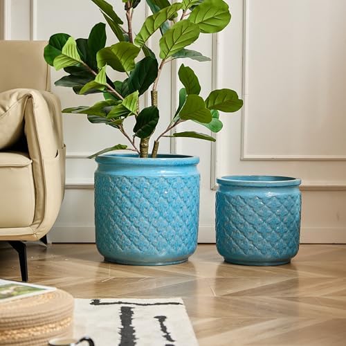 9 Inch Ceramic Planters, Set of 3, Antique Blue Geometric - Image 6