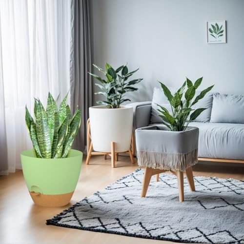 ZMTECH 3Pcs 12Inch Plant Pot Planter for Indoor Plants Self Watering Large Flower Pot with Drainage Holes and Saucer for Outdoor Plants(Green with Brown) - Image 4