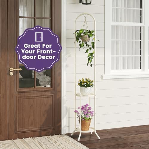 Metal Plant Stand 2-Tier with Hanging Hook, Indoor Outdoor Plant Shelf for Multiple Plants,Heavy Duty Steel (Cream) - Image 7