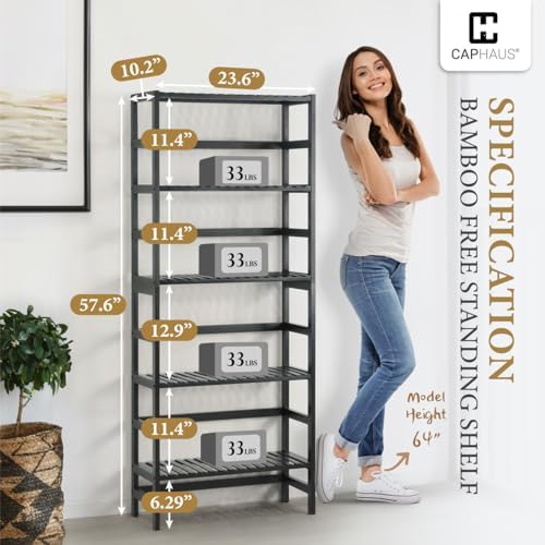 CAPHAUS Bookshelf, 5-Tier Book Shelf, Tall Ladder Shelf with Bamboo Frame,Freestanding Storage Shelves Display Rack, for Living Room,Home Office Kitchen,Bedroom,Plant Stand Bathroom,Black - Image 2