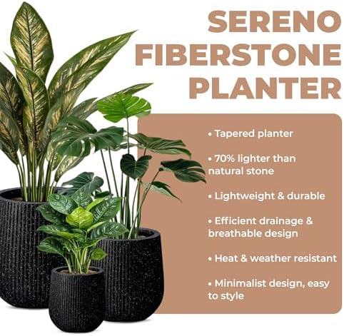 Sereno Fiberstone Tapered Planter (M, Ribbed Black) - Image 4