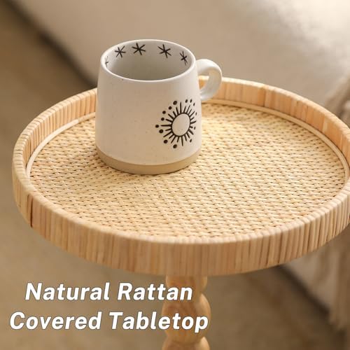 Small Side Table，Rattan Round Drink Tables for Small Spaces, Boho Circle Accent Table Coffee Table with Solid Wood Leg for Living Room, Pedestal Table for Bedroom, Corners - Image 3