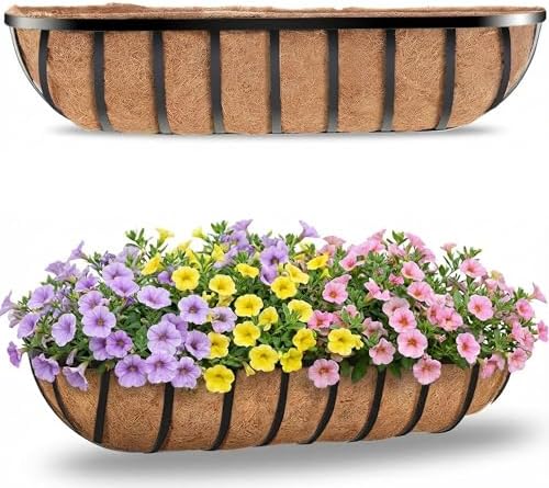 HFHOME 30" Deck Railing Planter Box with Horse Trough Coco Liners, Black Window Box Metal Hanging Flower Planters Baskets for Indoor, Outdoor, Balcony, Porch, Fence, Patio, and Lawn (Set of 2) by HFHOME