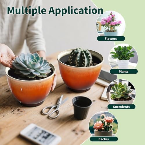8 Inch Plant Pots, Glazed Plastic Indoor Planters with Drainage, 4 Pack - Image 5