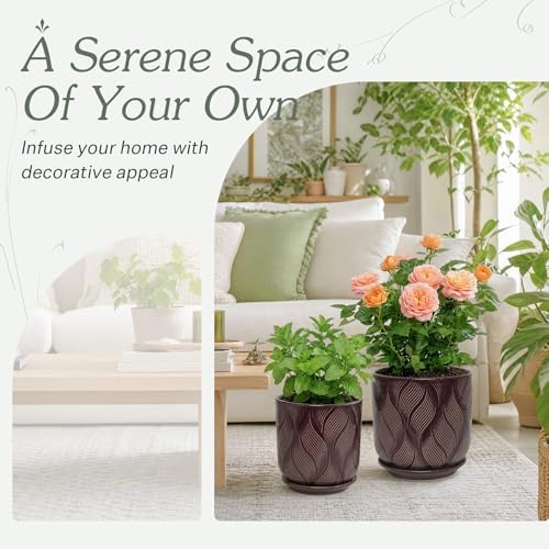 Ceramic Glaze Plant Pot Set 7.2+5.8 Inch Planter with Drainage Hole,Mesh Net,Saucer,for Indoor Outdoor (Leaf-Dark Purple) - Image 2