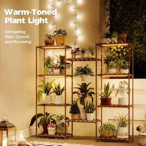 Bamworld Plant Stand with Grow Lights Large Plant Shelf for Mutiple Pots Plant Holder for Living Room Patio Boho Home Decor for Gardening Warm Light - Image 2