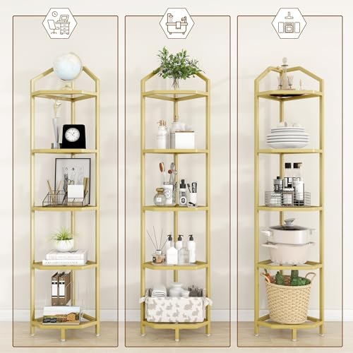 5-Tier Corner Shelf Stand, Gold Corner Bookshelf, Bathroom Storage Rack Shelf, Plant Rack, Tempered Glass, Steel Frame, Modern Style for Living Room, Bathroom, Kitchen, Metallic Gold - Image 6