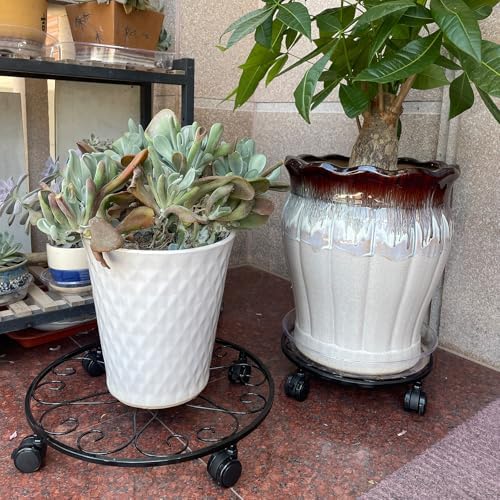 3 Pack Metal Plant Stand with Wheels - 16 Inch Large Plant Caddy, Heavy Duty Wrought Iron Rolling Plant Stand - Image 2