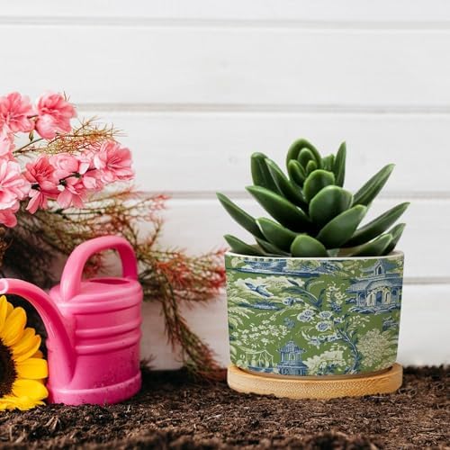 Garden Green Chinoiserie Planter Ceramic Asian Peacock Floral Round Flower Pot with Drainage Holes and Bamboo Tray Pot for Succulents Cactus Garden Windowsill - Image 5