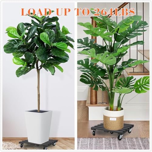 2 Pack Plant Stand with Wheels, 14" Rolling Plant Stand 264 LBS Heavy Duty Wooden Square Plant Caddy with Metal 360° Lockable Caster Wheels for Outdoor Indoor Large Plant Pots, Flower Pot, Patio-Black - Image 2