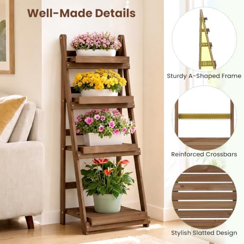 GIANTEX Foldable Wooden Plant Stand, 4-Tier Ladder Plant Shelf, Brown - Image 6