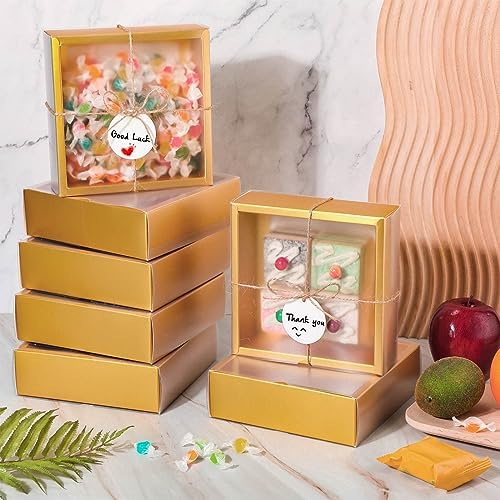 Roowest 50 Sets Gift Boxes Kraft with Tags, 6.5 x 6.5 x 2 Inch, Gold - Image 3