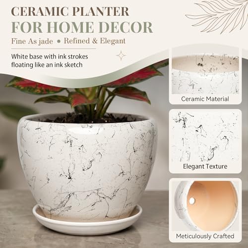 11 Inch Ceramic Plant Pot with Drainage Hole Mesh Net, Large Gardening Pots for Indoor Plants with Saucer, White Silk - Image 3