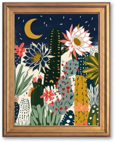 Framed Canvas Wall Art Bohemian Gouache Desert Night Cereus Flowers Navy and Coral Cacti Canvas Print Poster Gold Frame Wall Decor for Living Room Bedroom Boho Art, Desert Decor - Inch 12x16 by Unknown