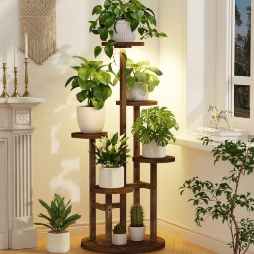 LASZOLA Wood Small Plant Stand Table Indoor Tall with Lights, 5 Tier Brown by LASZOLA