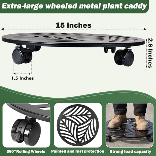 3 Packs Large Metal Plant Caddy with PU Wheels 15" Heavy-Duty Wrought Iron Rolling Plant Stands Indoor Outdoor Wheeled Plant Dolly Planter Mover Rollers Plant, Leaf Style - Image 2