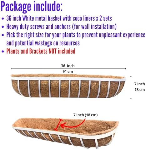 LaLaGreen Outdoor Planter Boxes (36 Inch, 2 Pack) White Metal Deck Railings Flower Box with Coco Liner, Rectangular Wall Planters for Window Plants Horse Troughs Fence Balcony Modern Herb Patio Porch - Image 2
