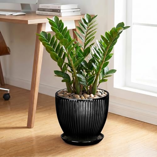 10 Inch Planter, Ceramic Plant Pots with Saucer, Black - Image 3