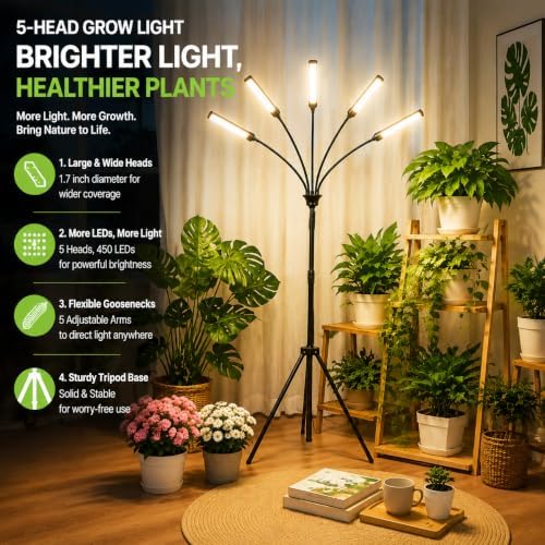5 Heads LED Grow Lights for Indoor Plants Full Spectrum 450 LEDs, Plant Lights for Indoor Growing with Tripod Stand, Floor Grow Light with Auto 3/6/9/12/15/18H Timer for Indoor Tall Plants. - Image 2