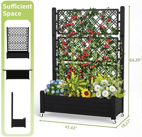 PatioZen Raised Garden Bed with Trellis, 21 Gallon Self Watering Planter Box with Lockable Wheels & Drainage Holes for Climbing Plants Vegetables Flowers, Anti-Rust Resin for Backyard Patio (Black) - Image 2