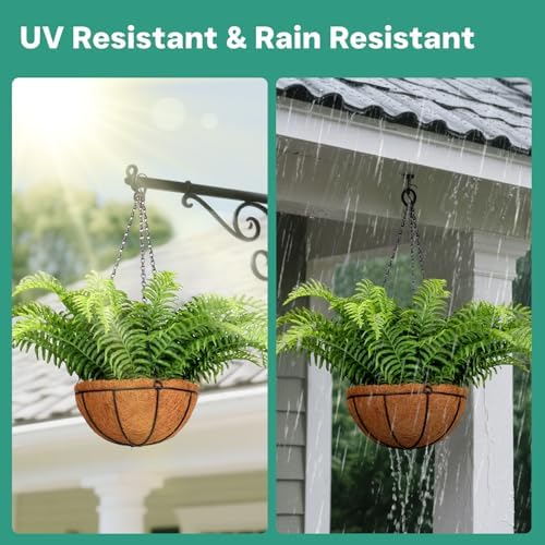 2 Set Fake Ferns with Hanging Baskets, UV Resistant Fake Hanging Ferns Plants, Outdoor Artificial Hanging Plants for Front Porch Garden Balcony Patio Home Decor, No Assembly - Image 6