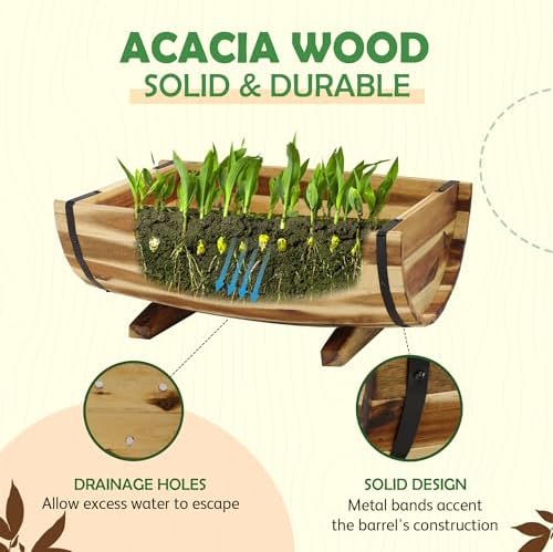 Solid Acacia Wood Half Barrel Planters Outdoor Set of 2 Different Sizes, Wooden Planters for Outdoor Plants with Metal Bands & Drainage Holes, Legs Included, Natural - Image 4
